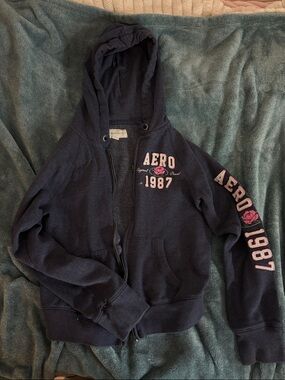 Aeropostale Navy Zip Hoodie with Pink Rose Accent